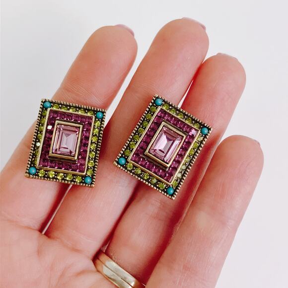 VTG Signed Heidi Daus Pink Crystal Art Deco Revival Clip On Earrings Rectangle - Picture 2 of 10